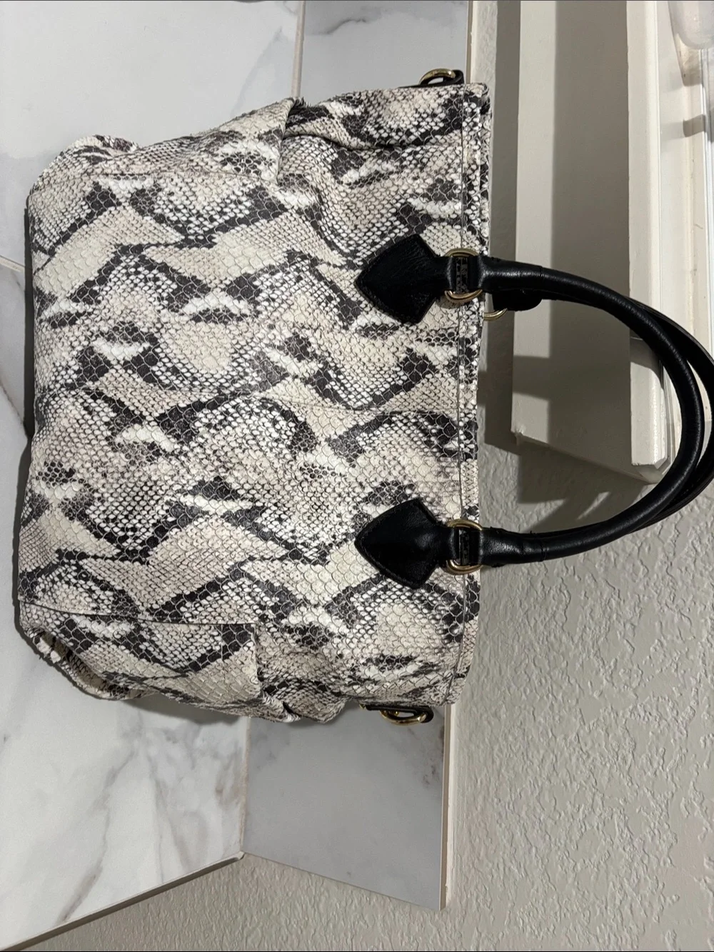 Aimee Kestenberg Black and Cream Snake-Print Leather Tote with Gold Hardware